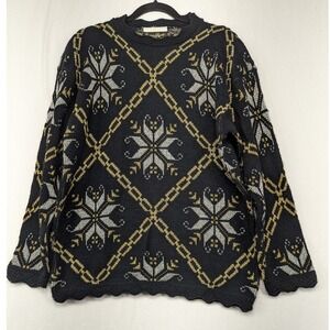 Dana Scott Sweater Large Black Gold Silver Fair‎ Isle Snowflake Holiday Pullover